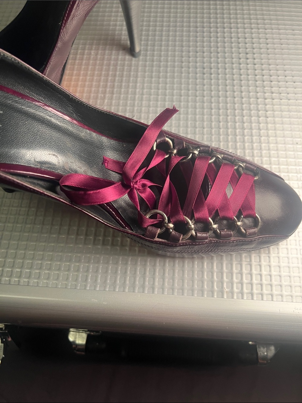 Lux Burgundy Satin Lace-Up Pointed Heels - Picture 3 of 6
